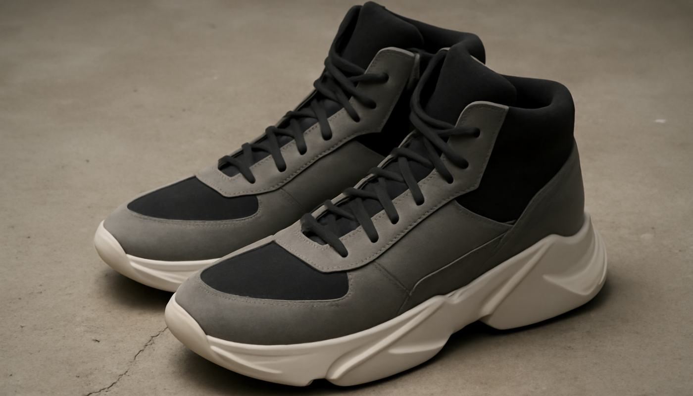 sneakers montantes design avant-gardiste posées sur sol béton