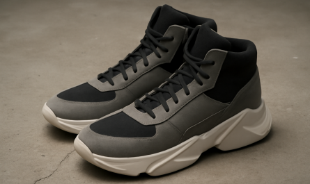 sneakers montantes design avant-gardiste posées sur sol béton