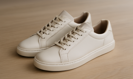 sneakers minimalistes en cuir posées sur table