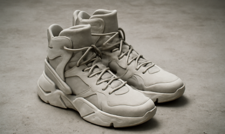 sneakers montantes avant-gardistes posées sur sol béton