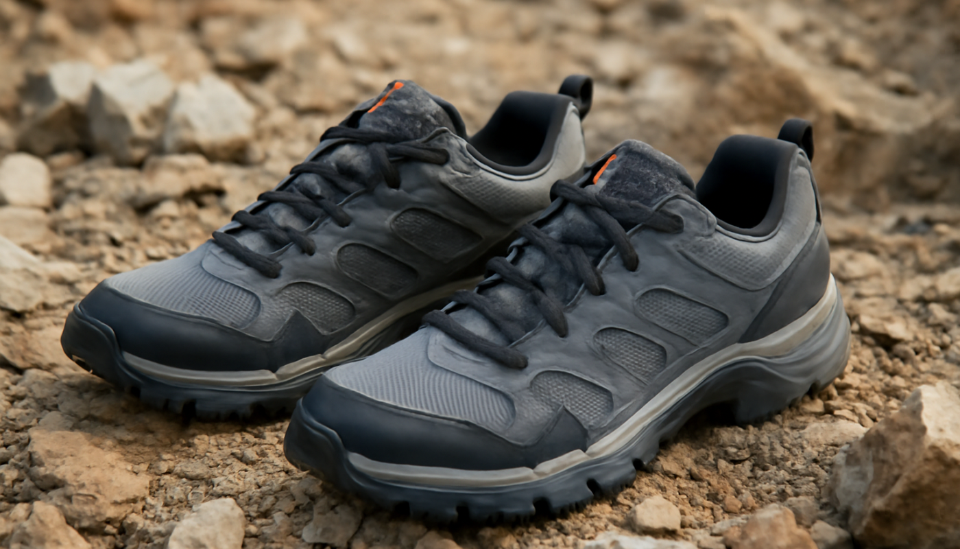 sneakers techniques posées sur terrain rocheux