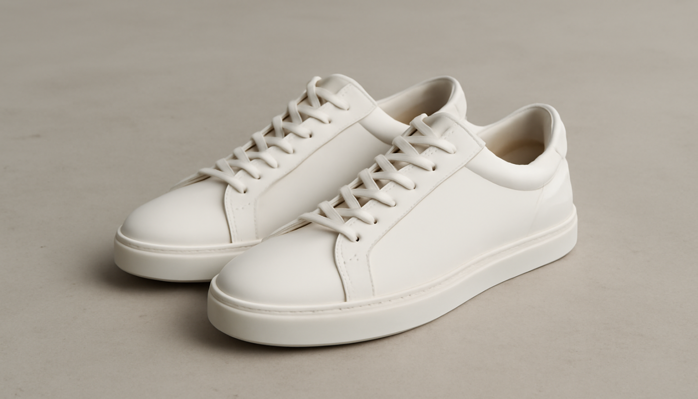 sneakers minimalistes en cuir posées sur sol neutre