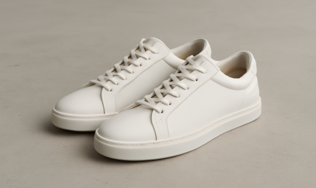 sneakers minimalistes en cuir posées sur sol neutre