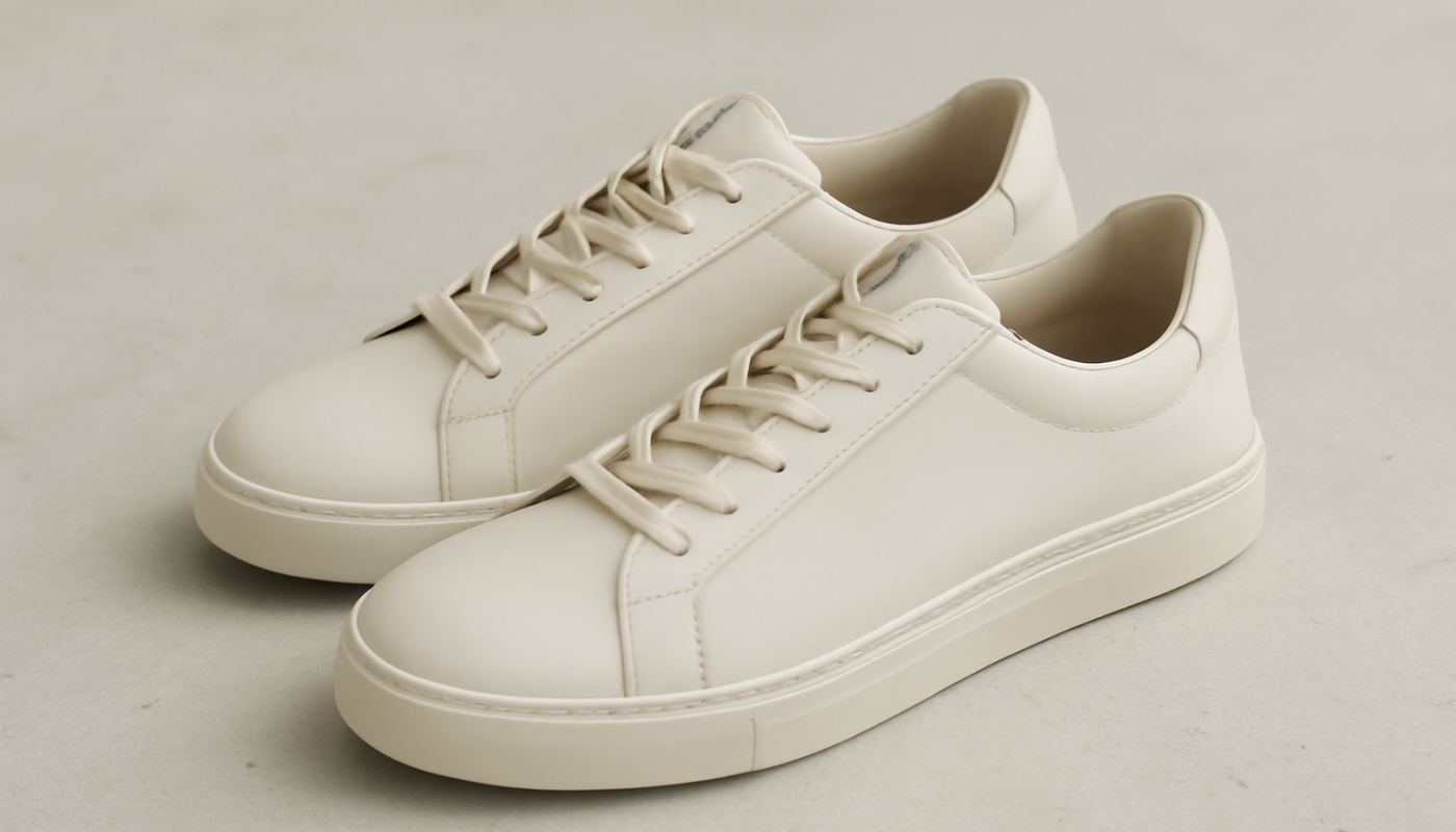 sneakers minimalistes en cuir posées sur sol clair