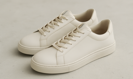 sneakers minimalistes en cuir posées sur sol clair