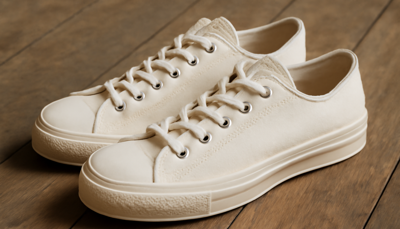 sneakers en toile premium posées sur sol bois