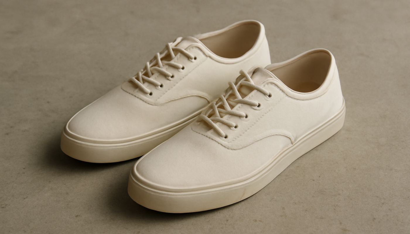 sneakers en toile minimalistes posées sur sol béton