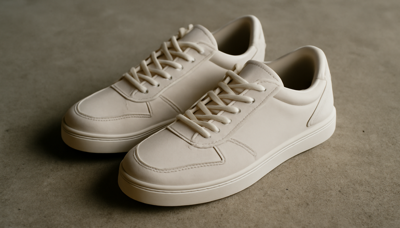 sneakers minimalistes rétro posées sur sol béton
