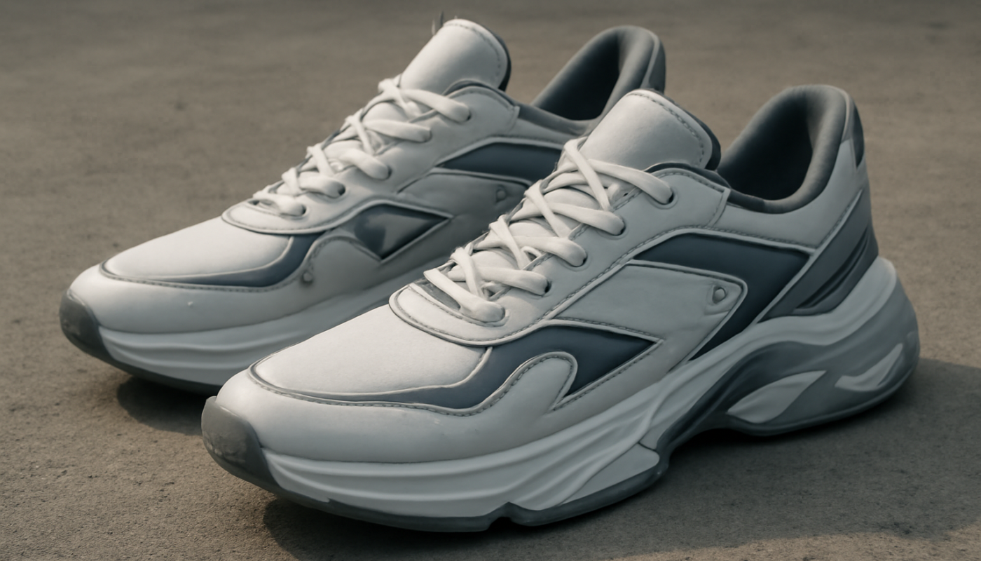 sneakers design futuriste posées sur sol béton