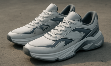 sneakers design futuriste posées sur sol béton