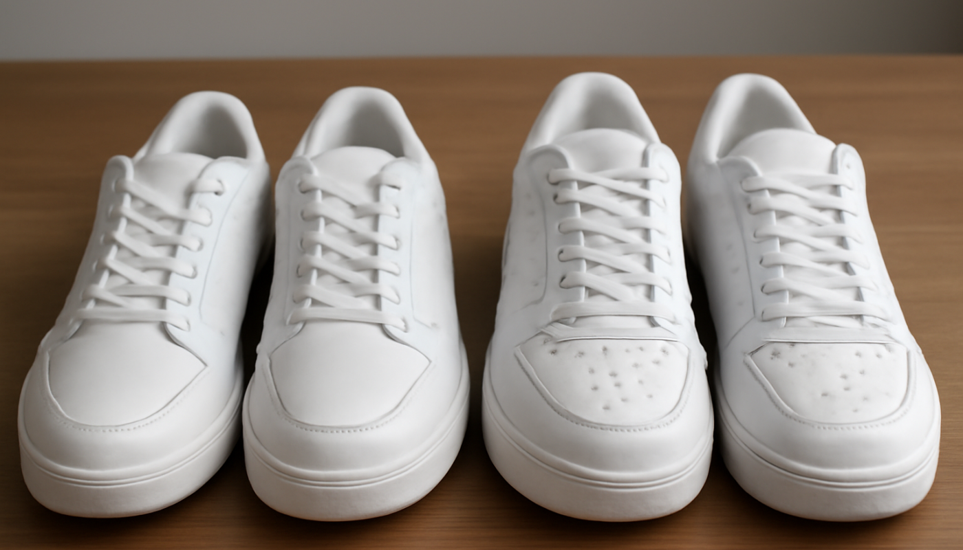deux paires de sneakers blanches comparées sur table