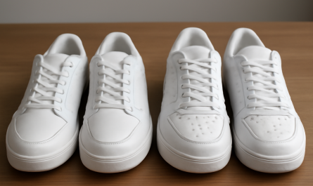 deux paires de sneakers blanches comparées sur table