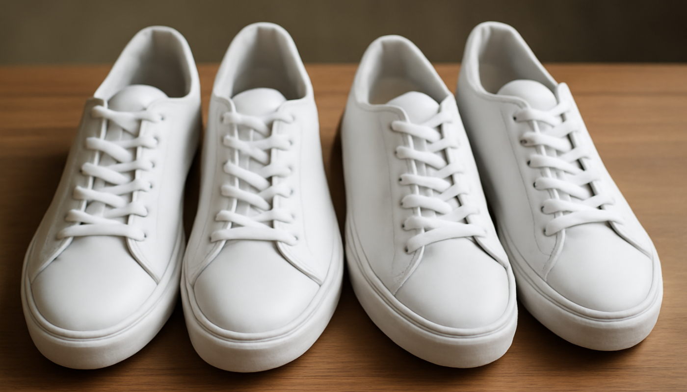 deux paires de sneakers blanches comparées sur table