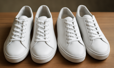 deux paires de sneakers blanches comparées sur table