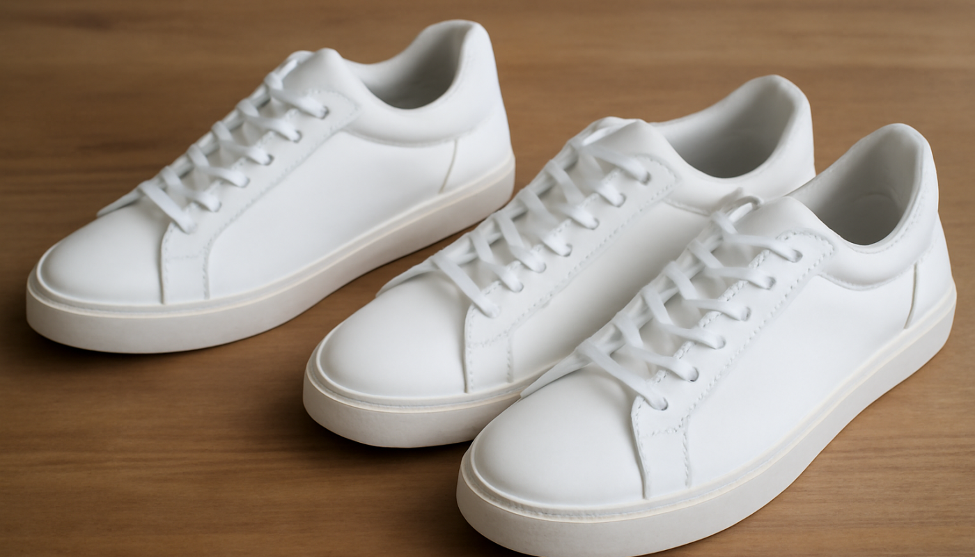 deux paires de sneakers blanches comparées sur table