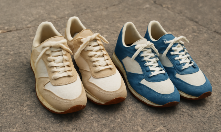 deux paires de sneakers rétro comparées sur sol urbain