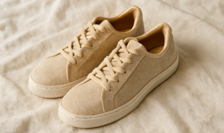 paire de sneakers écologiques posée sur tissu