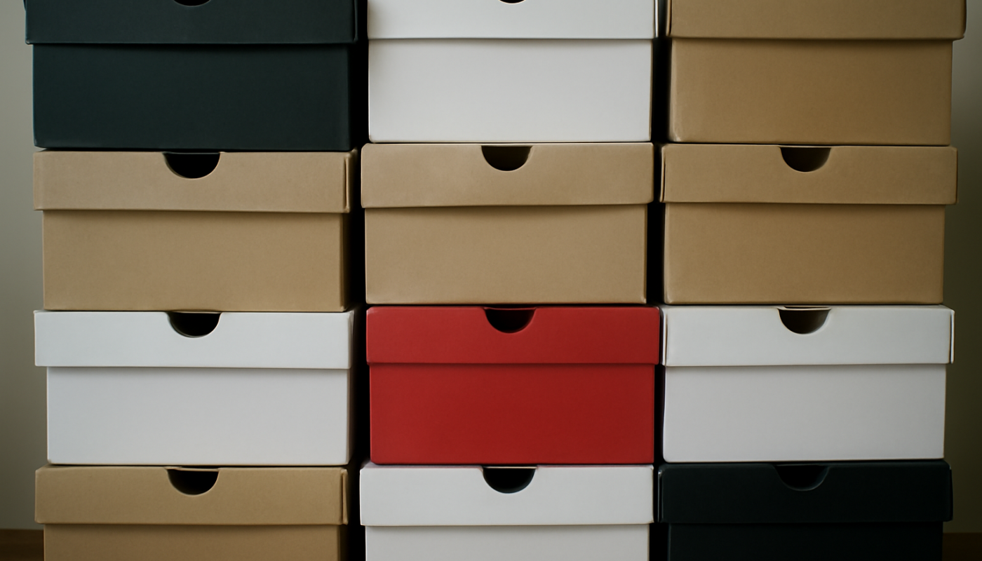 plusieurs boîtes de sneakers empilées côte à côte