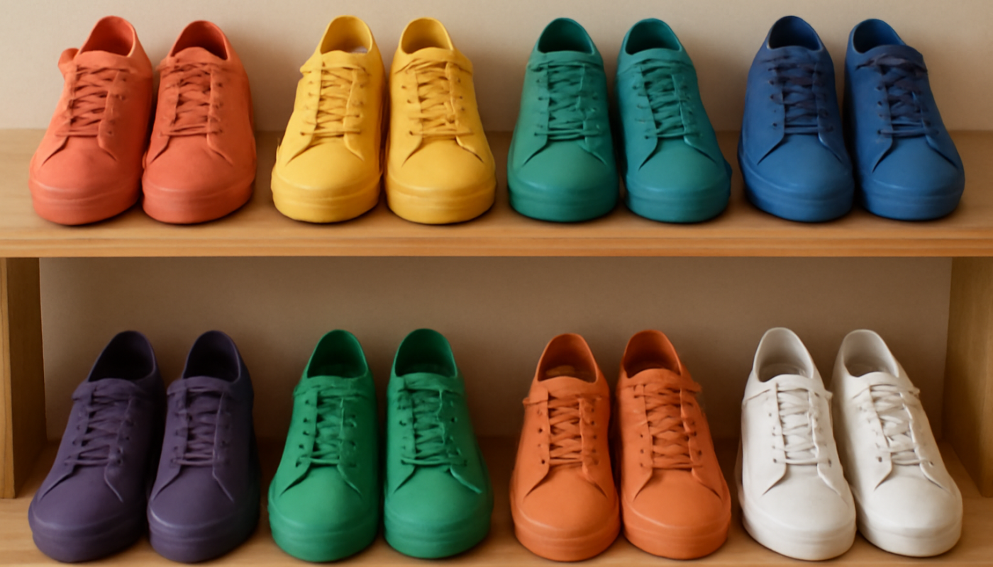 rangée de sneakers colorées sur etagere