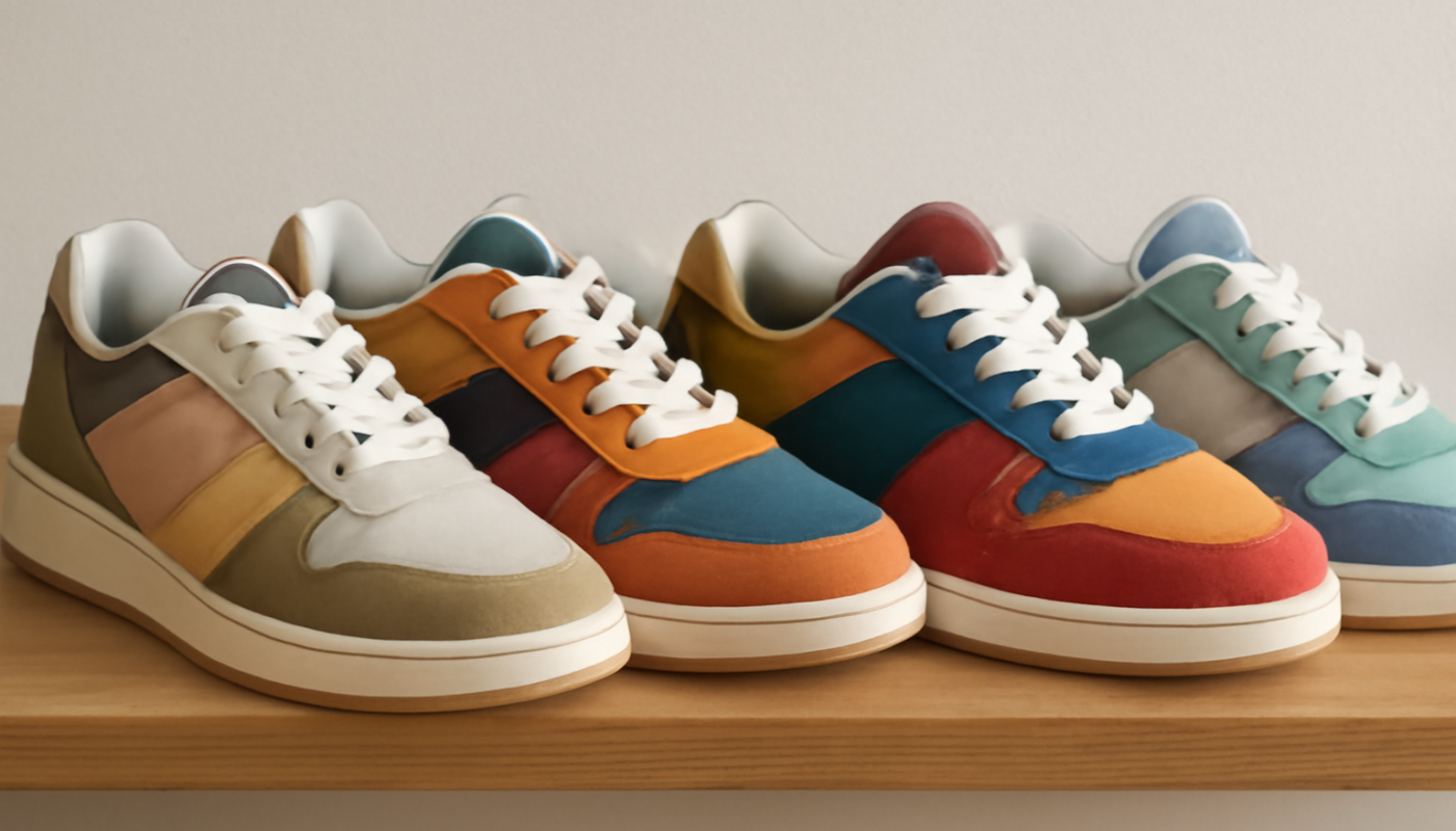 sneakers multicolores alignées sur étagère