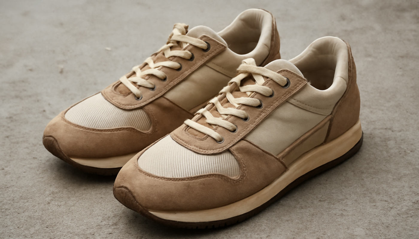 deux sneakers rétro côte à côte sur sol ciment