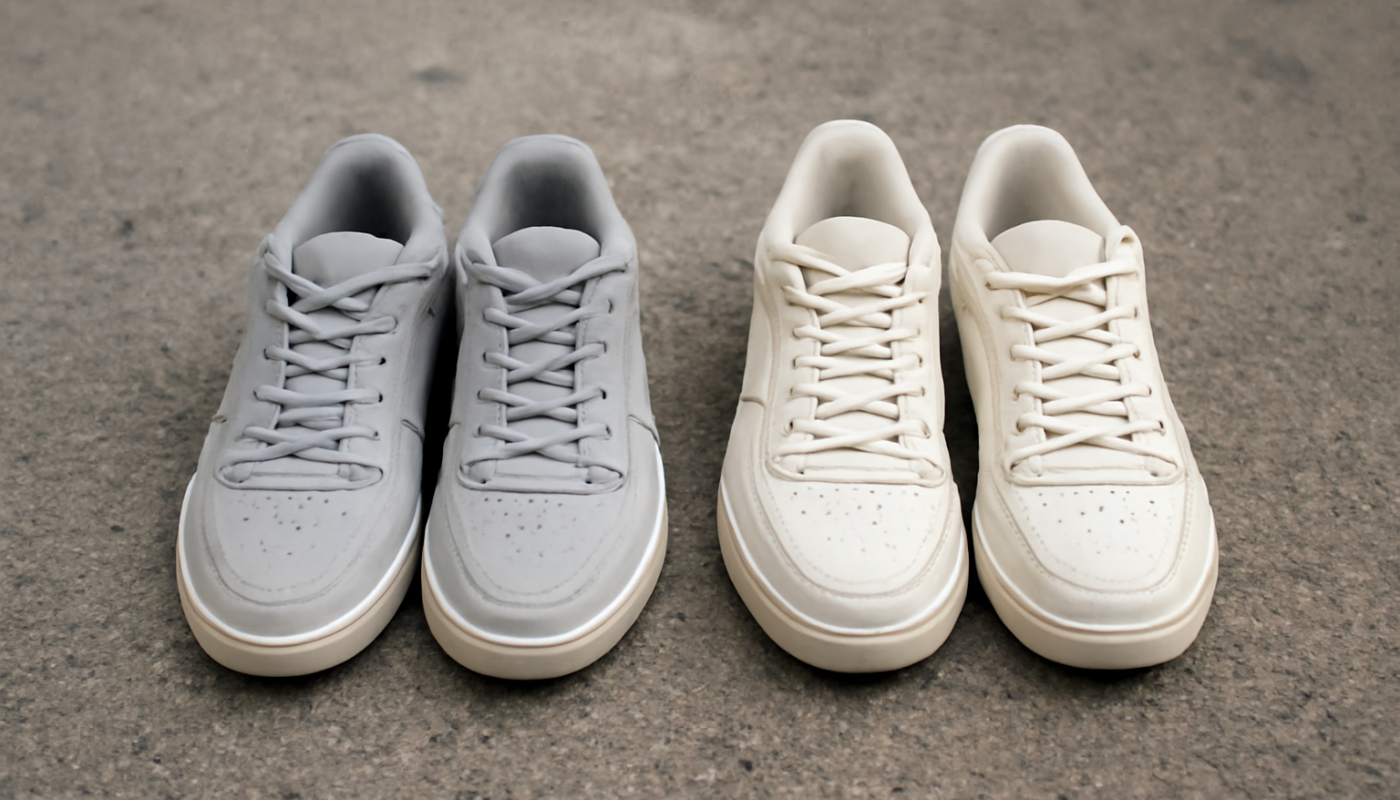 deux paires de sneakers comparées sur sol urbain