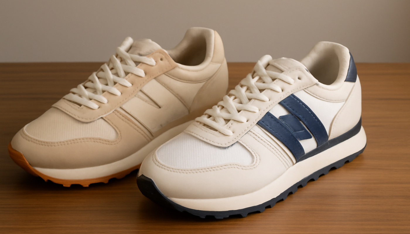 deux paires de sneakers rétro comparées sur table