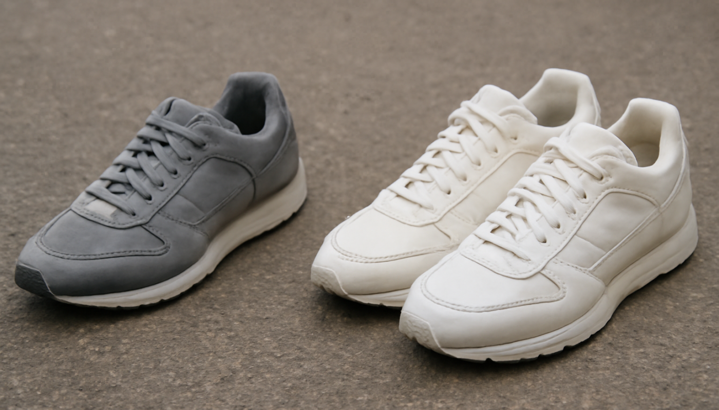 deux paires de sneakers comparées sur sol urbain