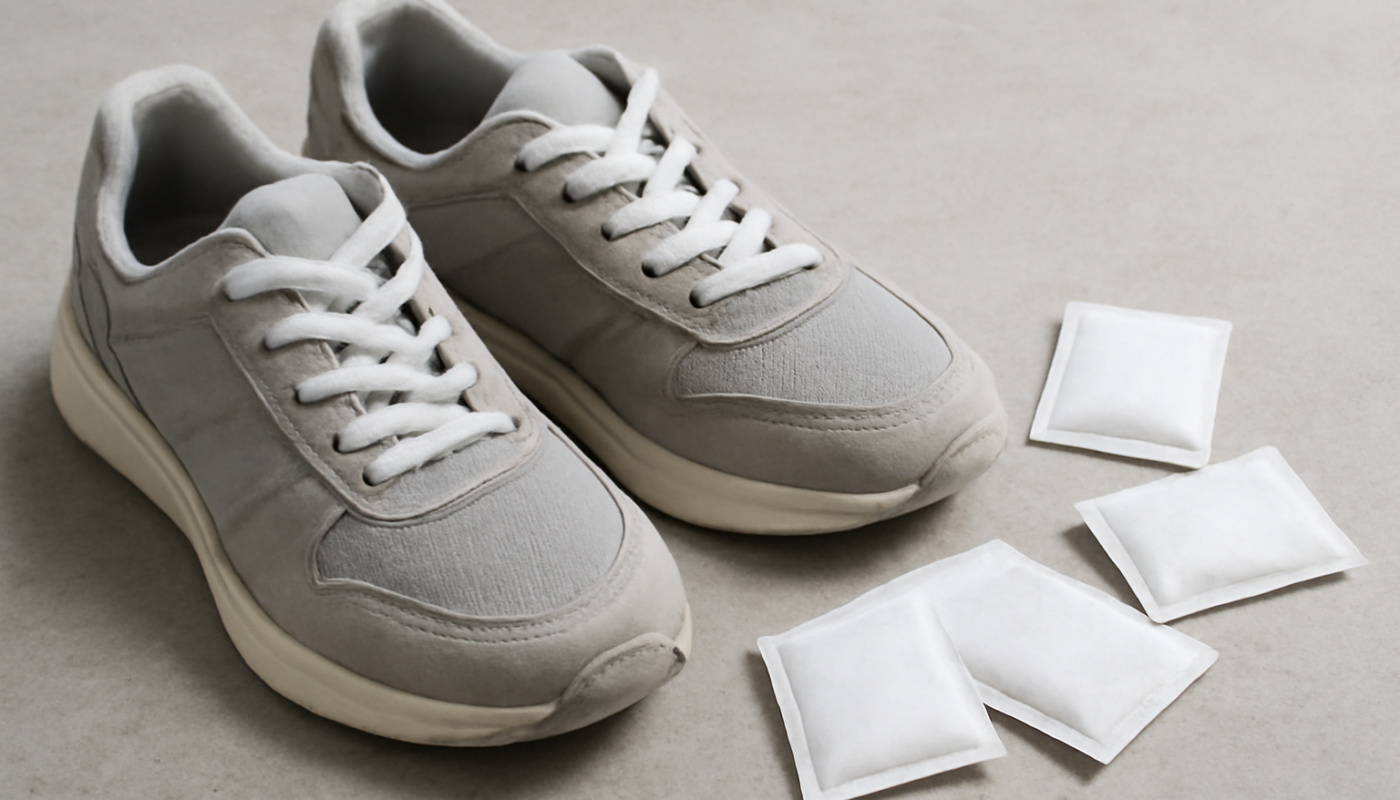 sneakers ouvertes avec sachets absorbants à côté