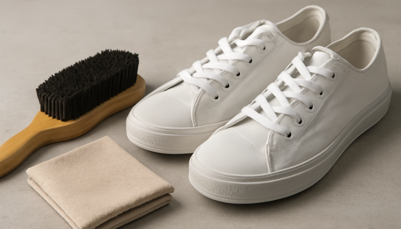 brosse et chiffon à côté de sneakers blanches
