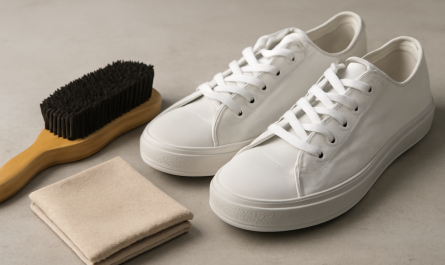 brosse et chiffon à côté de sneakers blanches