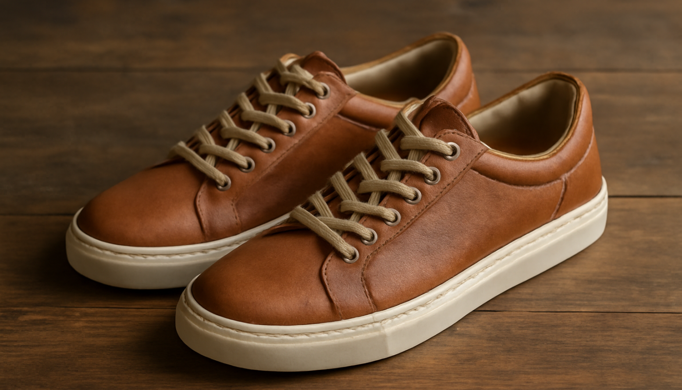 paire de sneakers artisanales sur table en bois