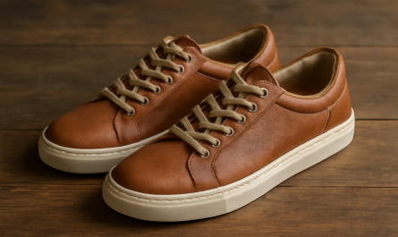 paire de sneakers artisanales sur table en bois
