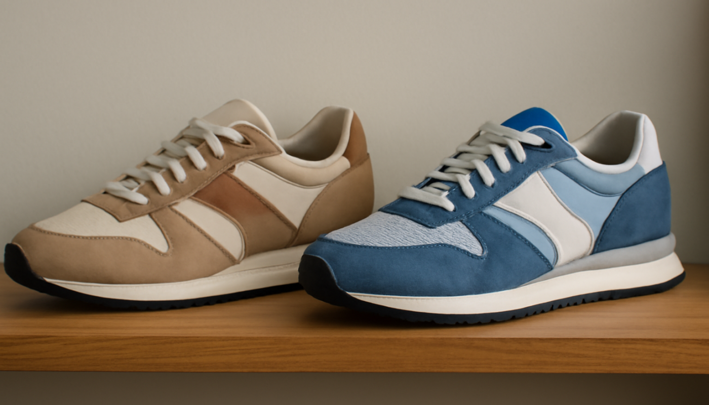deux paires de sneakers rétro comparées sur étagère