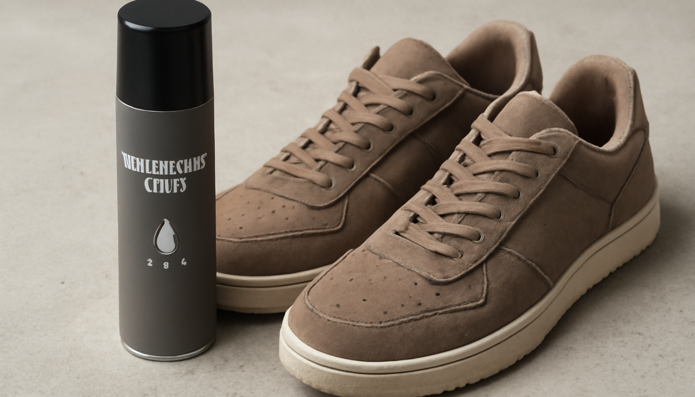 spray imperméabilisant et sneakers en daim posés