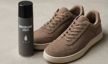 spray imperméabilisant et sneakers en daim posés