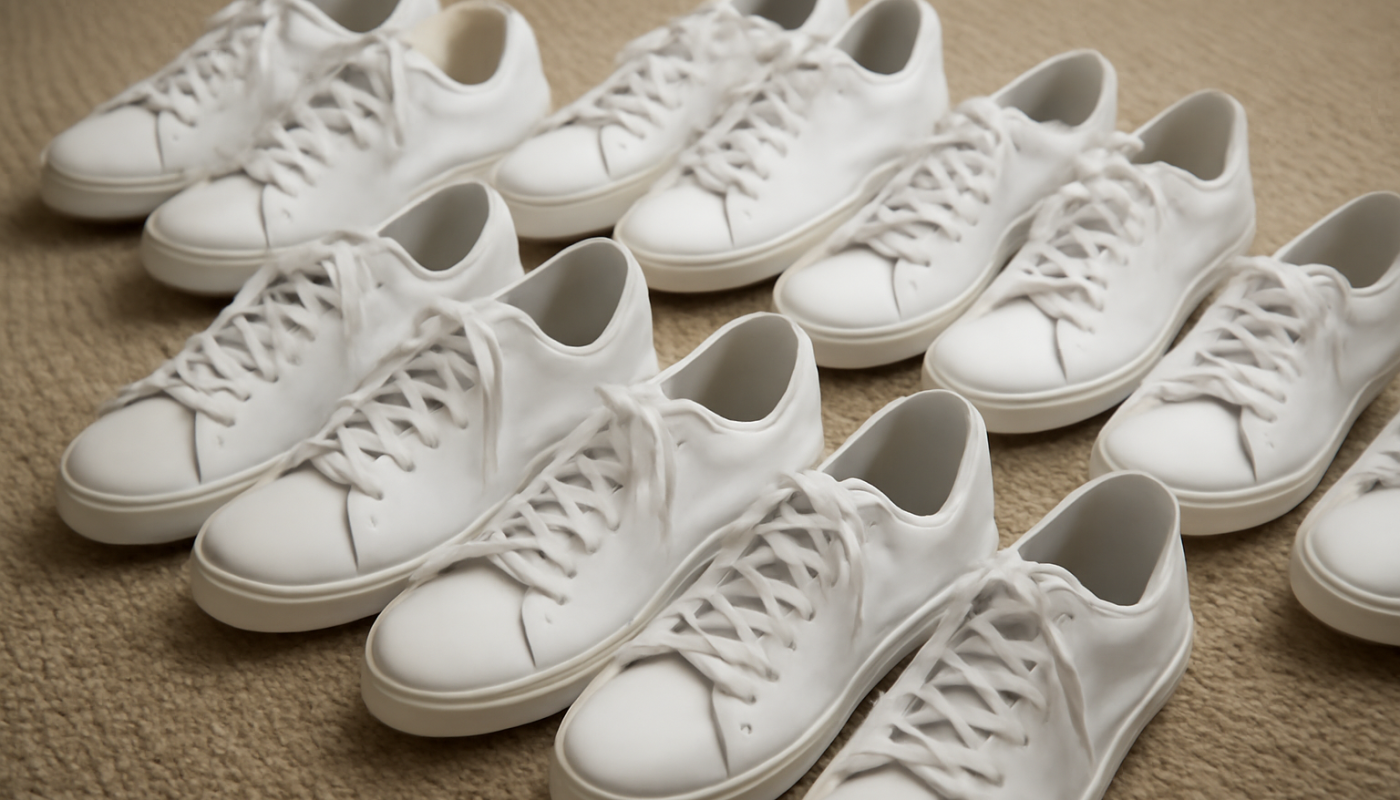 plusieurs paires blanches alignées sur un tapis