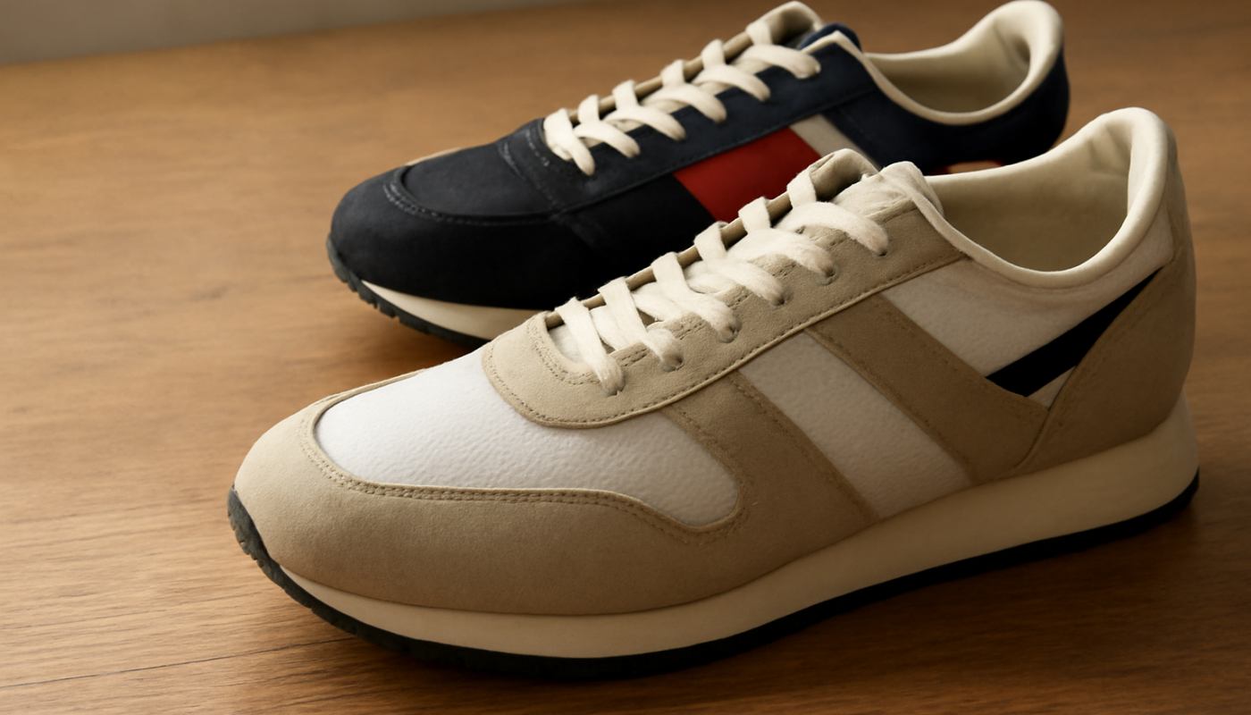 deux paires de sneakers rétro posées sur table