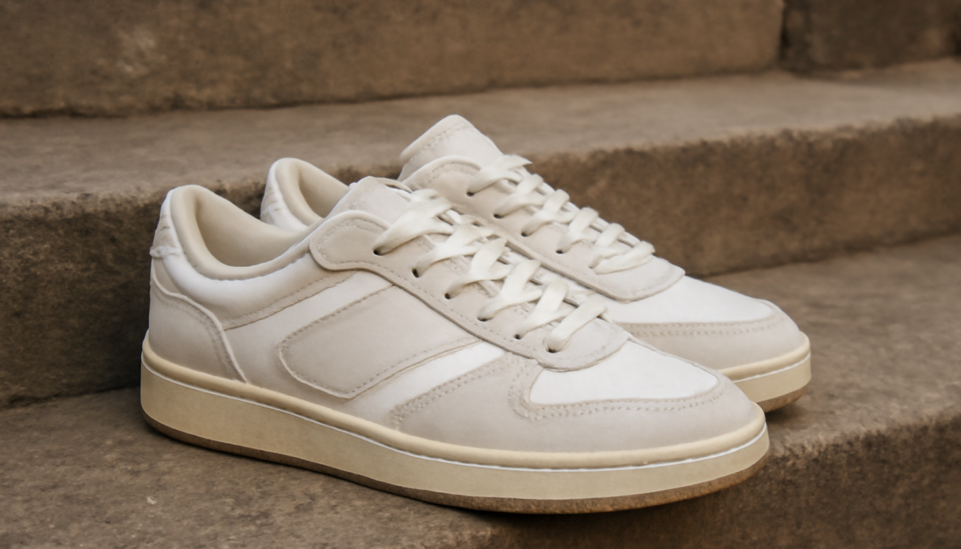 paire de sneakers blanches au style rétro sur marches