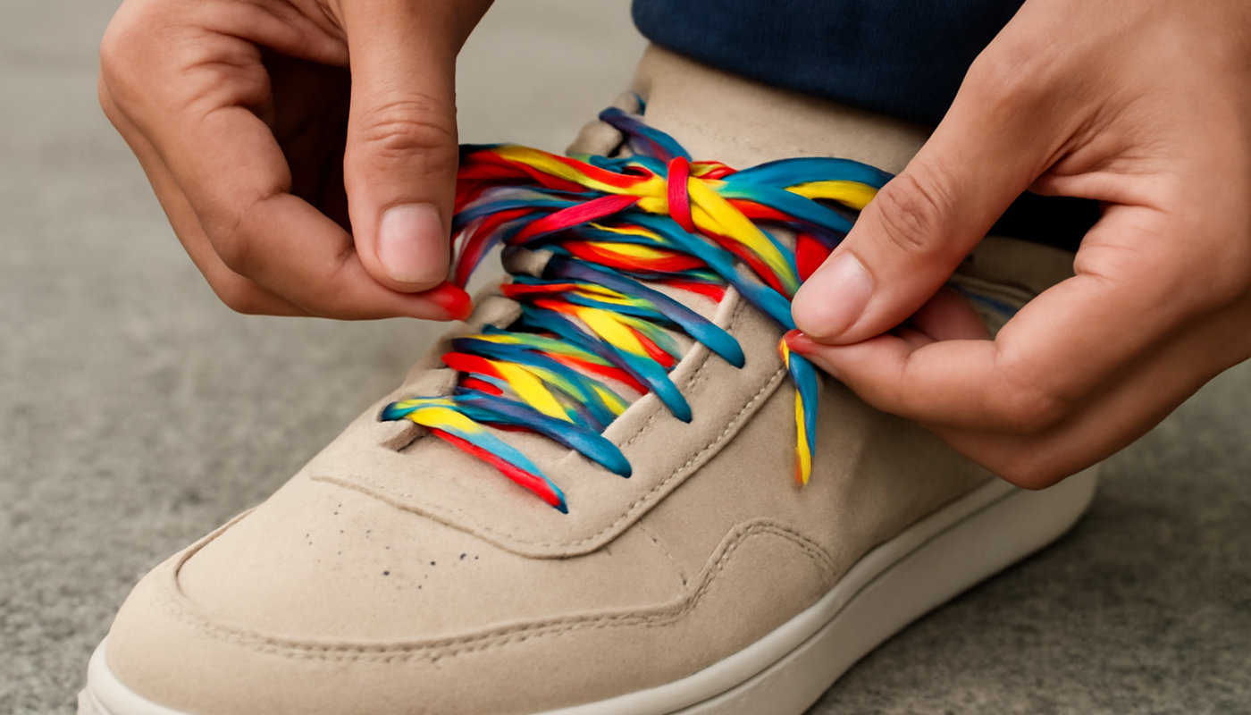 mains nouant un lacet coloré sur sneaker