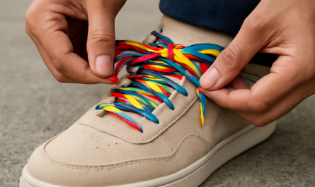 mains nouant un lacet coloré sur sneaker