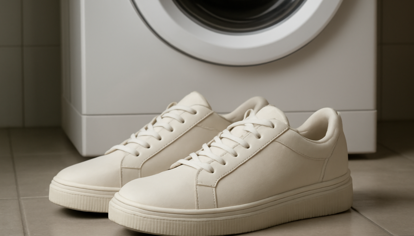 paire de baskets proche d'une machine à laver