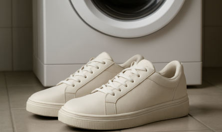 paire de baskets proche d'une machine à laver