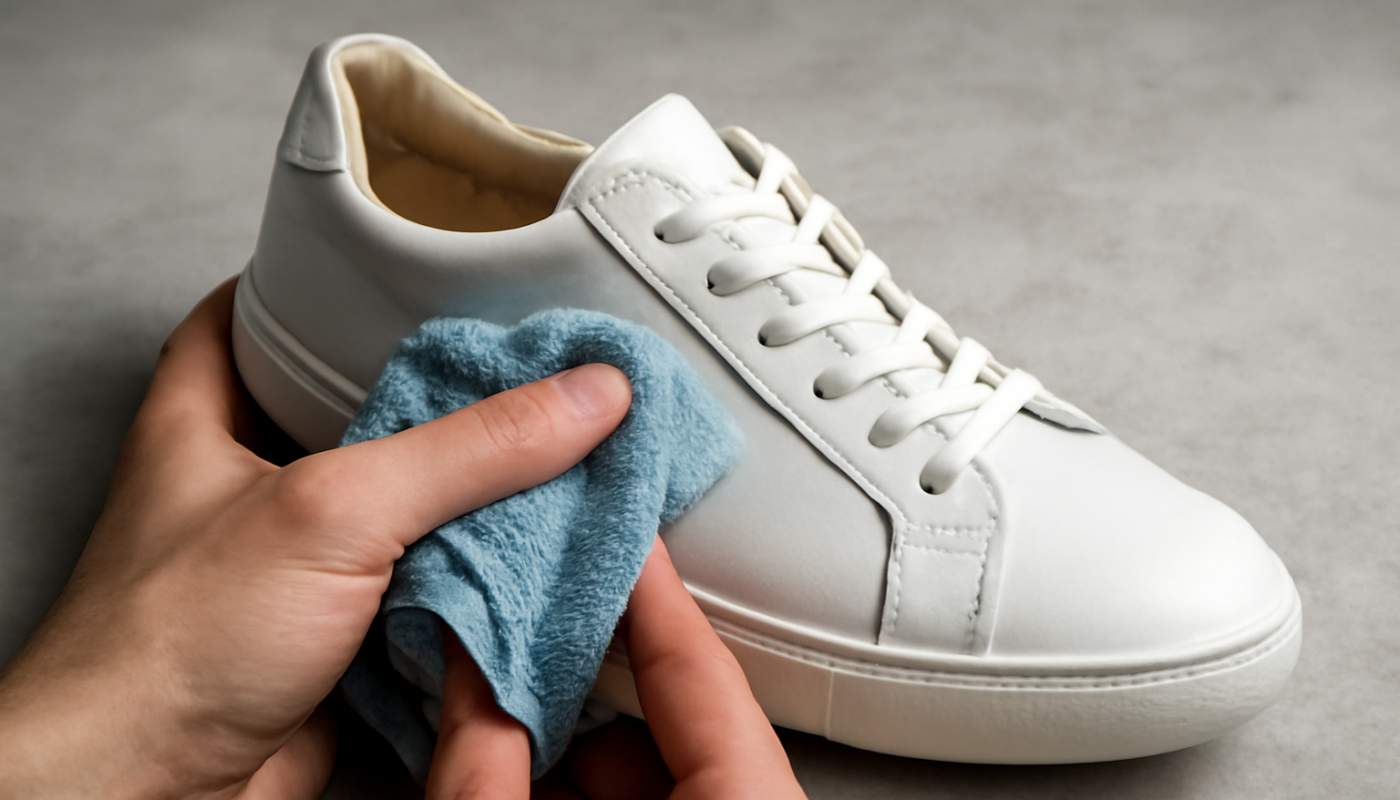nettoyage de sneakers basses en cuir avec chiffon microfibre