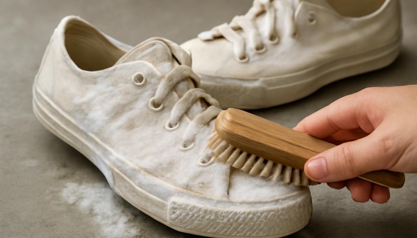 nettoyage de sneakers en toile avec mousse et brosse