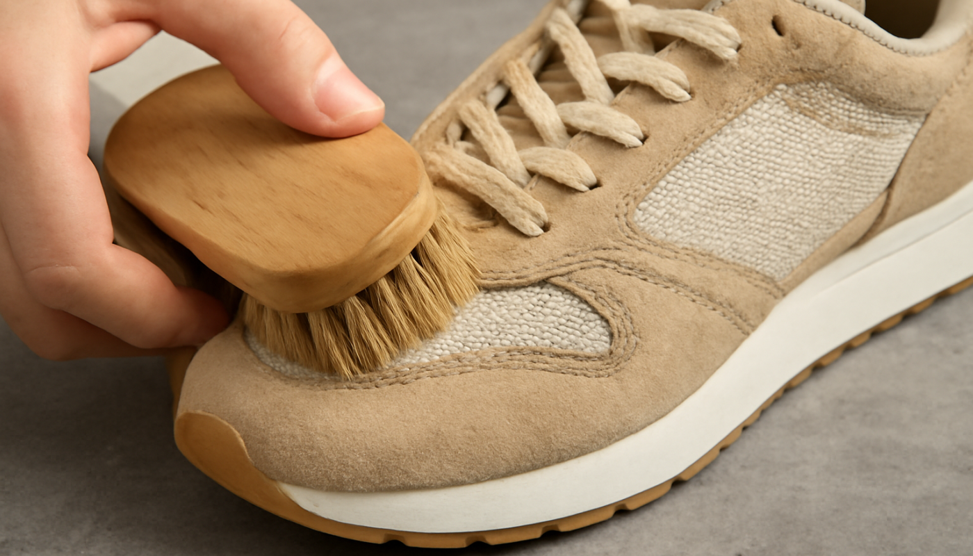 nettoyage de sneakers en daim et mesh avec brosse douce
