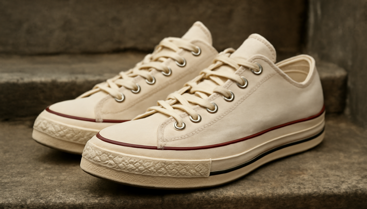 sneakers retro en toile posée sur marche