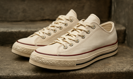 sneakers retro en toile posée sur marche