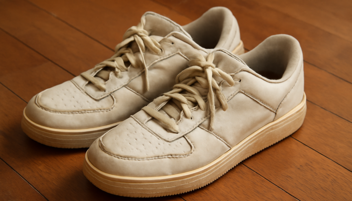 sneakers blanches légèrement jaunies sur parquet