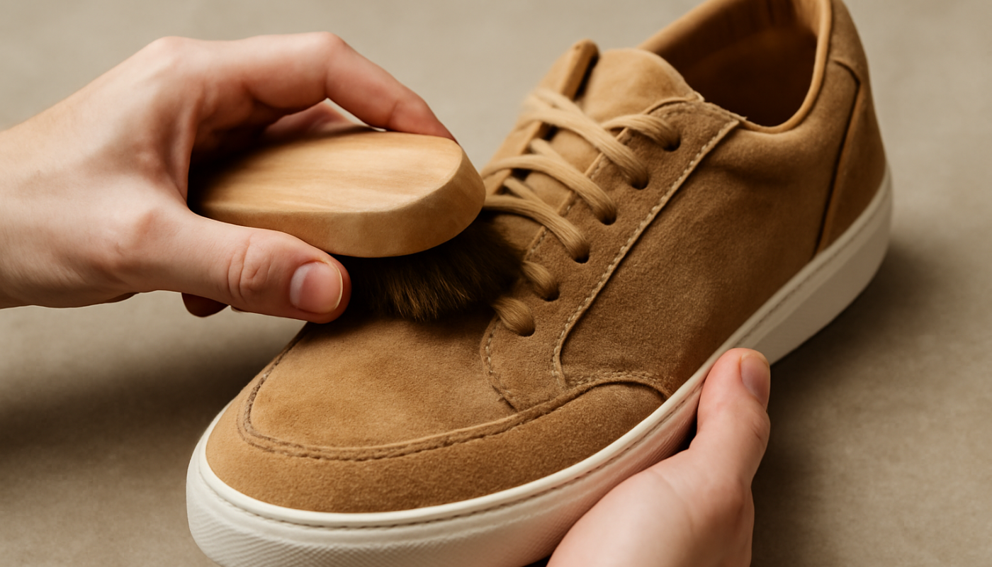 mains brossant des sneakers en daim